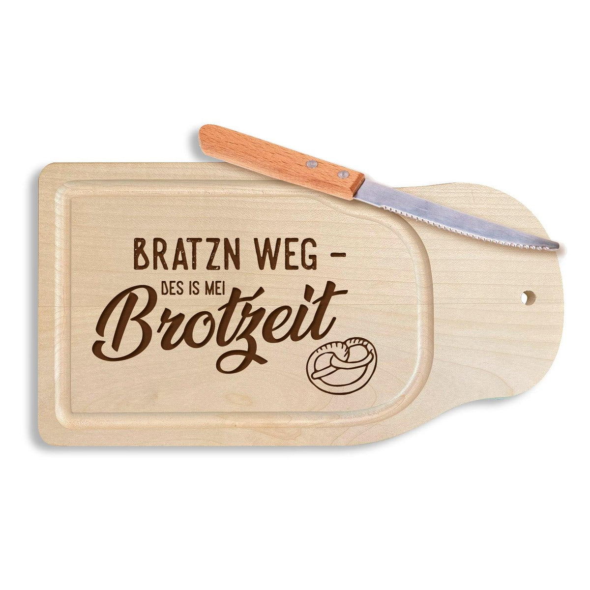 Brotzeitbrettl Bratzn weg - des is mei Brotzeit! aus Holz mit Schriftzug und Messer, bayerisch