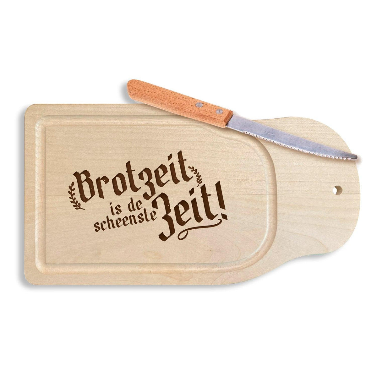 Brotzeitbrettl "Brotzeit is de scheenste Zeit!" aus hellem Holz mit eingebrannter Schrift und Brotmesser.
