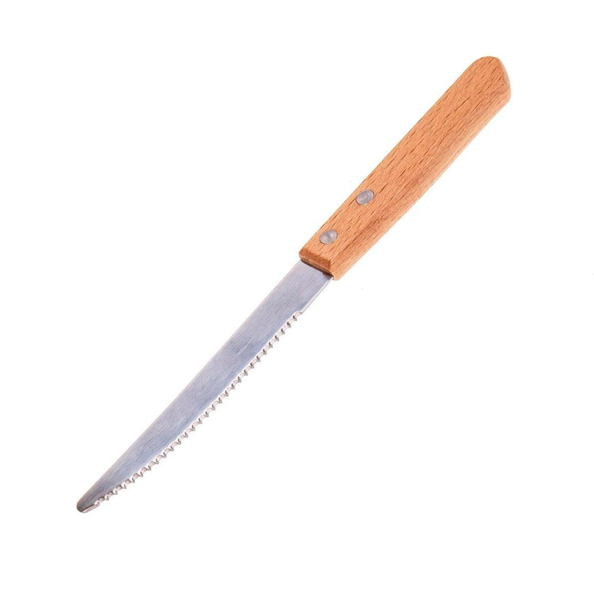 Scharfes Brotzeitmesser mit gezackter Klinge und natürlichem Holzgriff, ideal für Brotzeiten