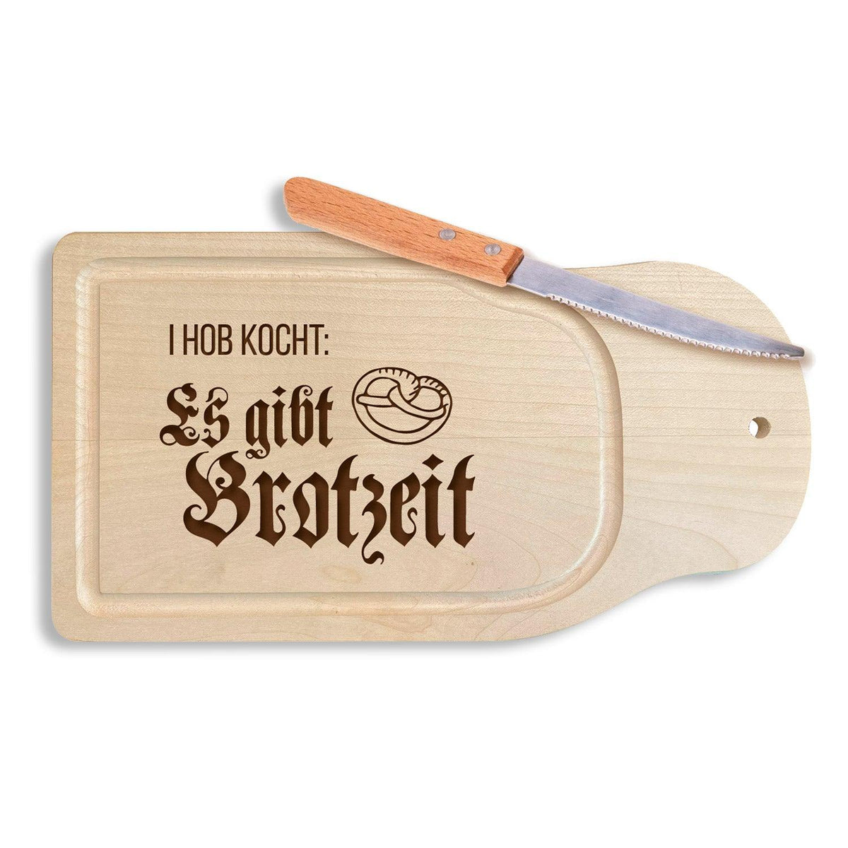 Brotzeitbrettl I hob kocht: Es gibt Brotzeit aus Holz mit Gravur und kleinem Brotmesser.