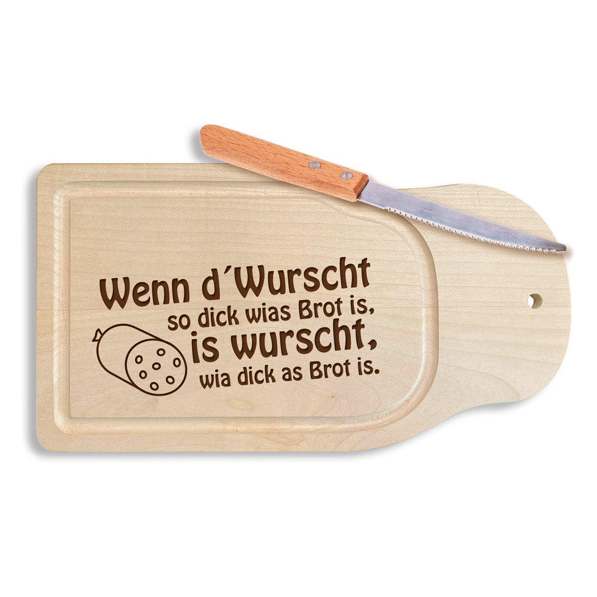 Brotzeitbrettl Wenn d´Wurscht so dick wias Brot is aus hellem Holz mit eingebranntem Schriftzug und Wurst-Motiv, dazu ein Brotmesser.