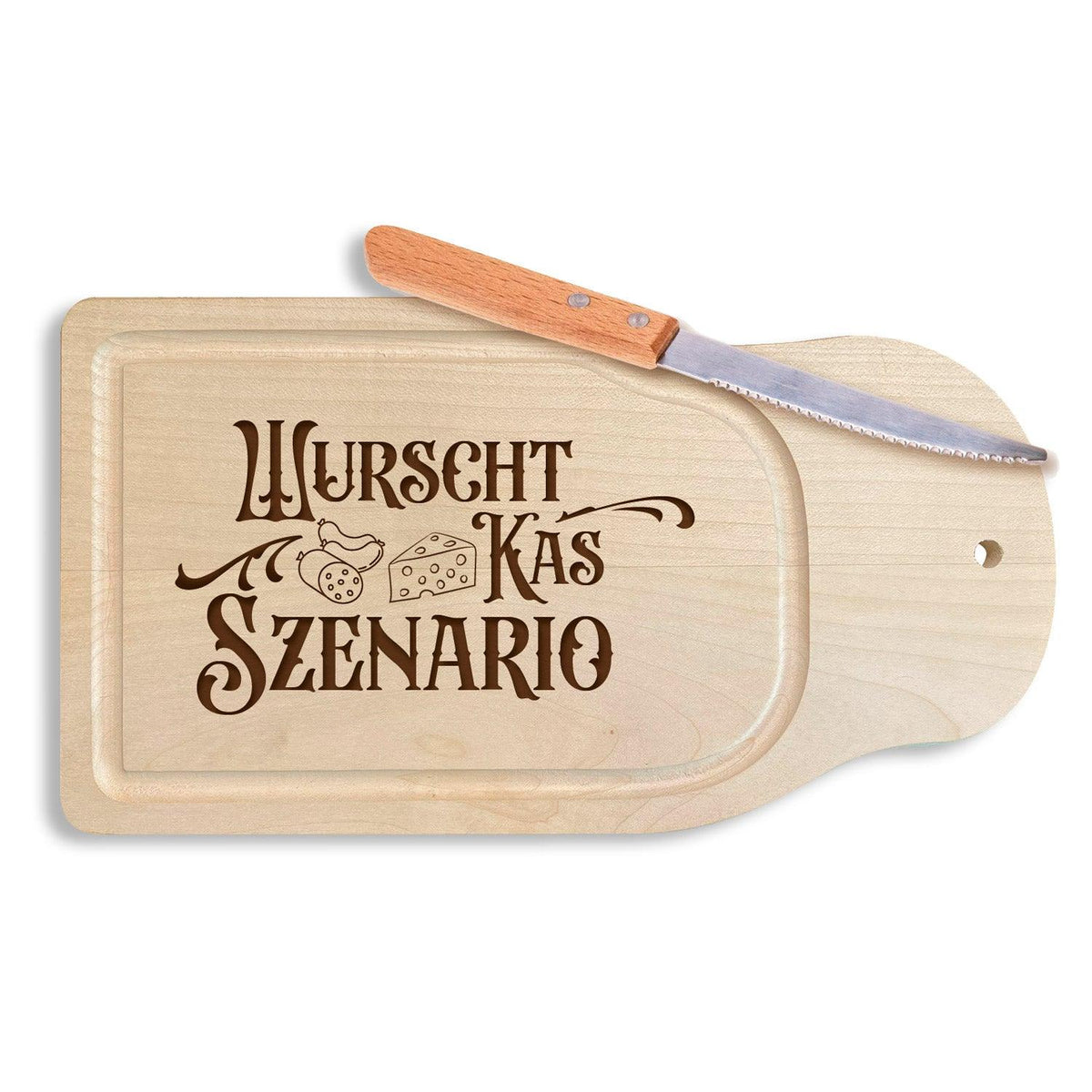 Holz-Brotzeitbrettl Wurscht, Kas Szenario mit Gravur und Einkerbung für ein kleines Brotmesser und Griff.