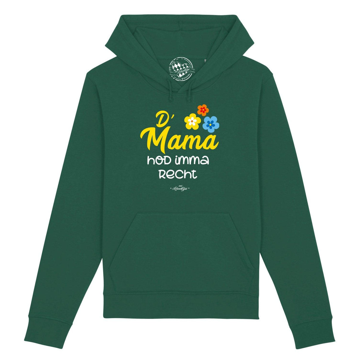 Grüner Hoodie D'Mama hod imma recht mit gelbem Schriftzug und bunten Blumen, Fronttasche, Unisex Kapuzenpullover