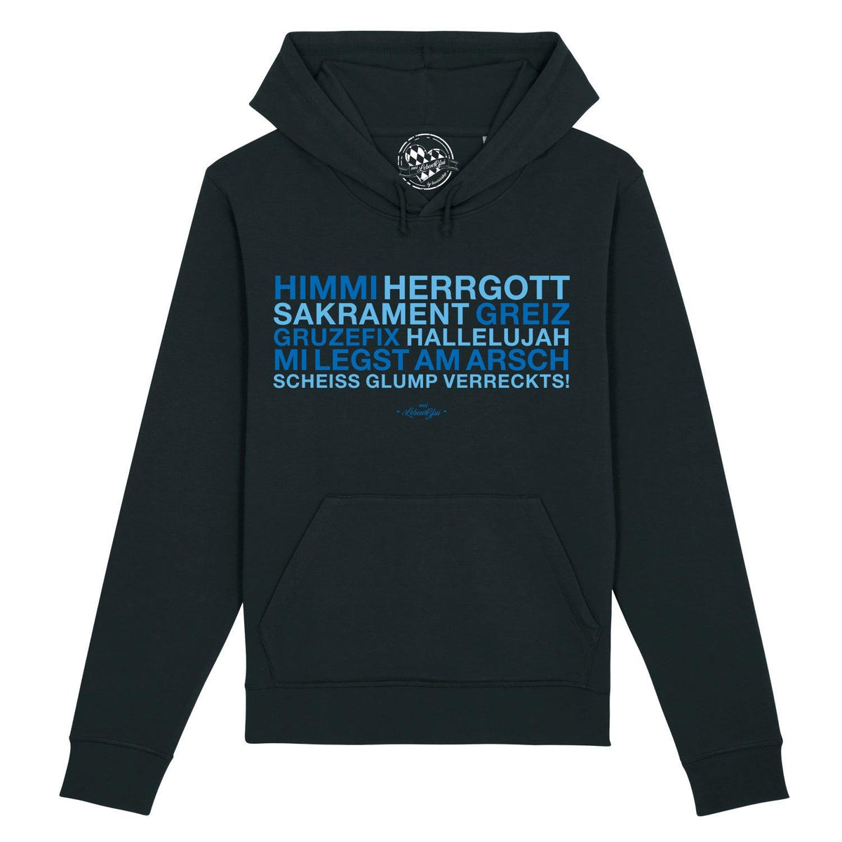 Damen Hoodie Himmi Herrgott in Schwarz mit blauem Spruch-Print und Kängurutasche.