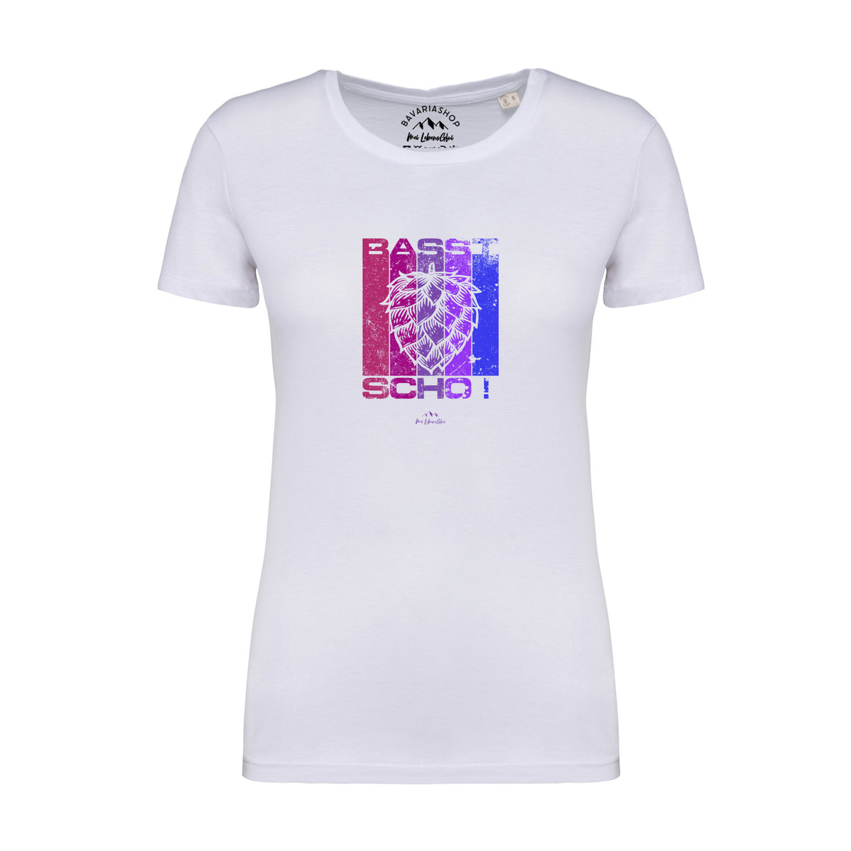 Weißes Damen T-Shirt "Basst scho" mit bunten rechteckigen Streifen und Hopfendolde in der Mitte als Druck