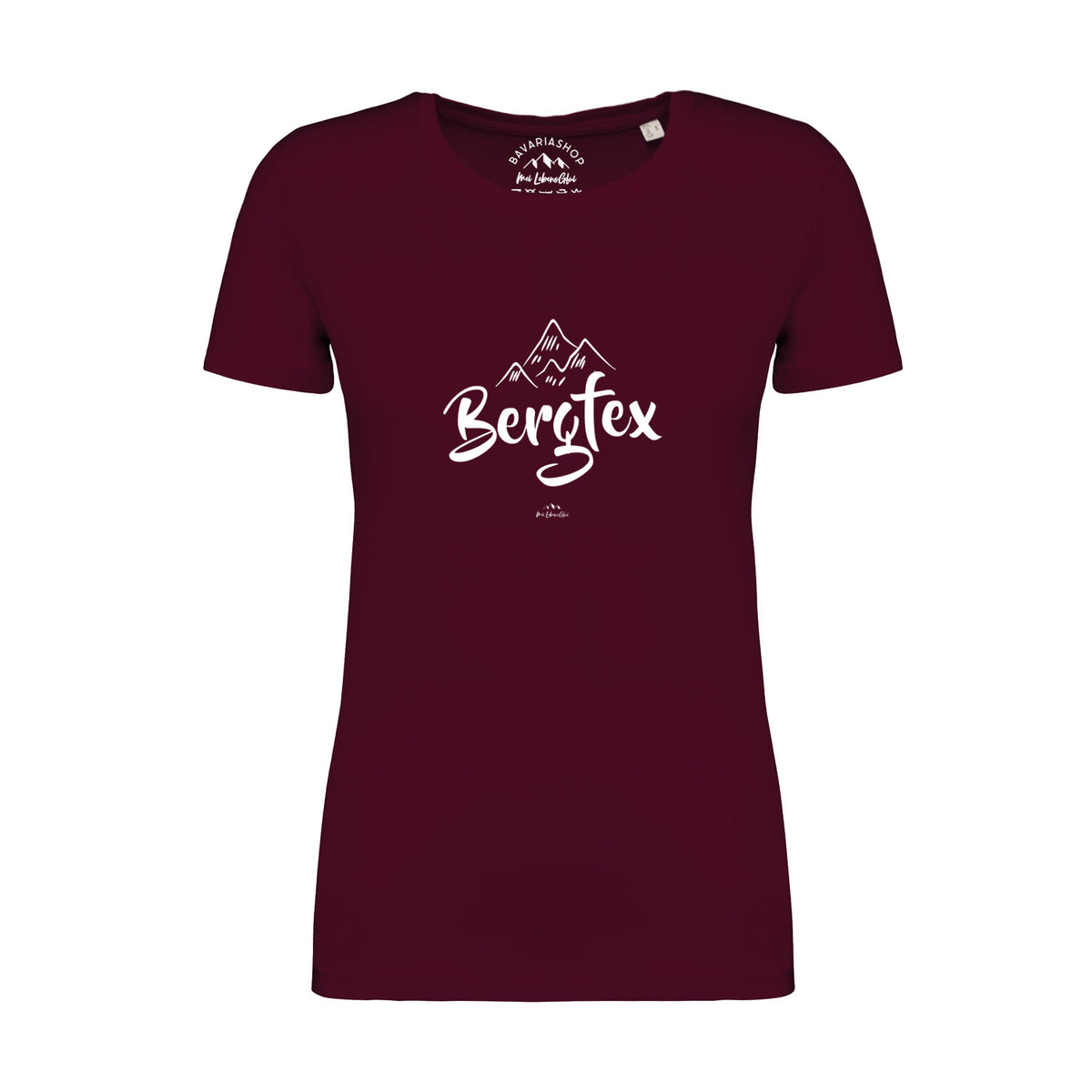 Damen T-Shirt Bergfex in Bordeauxrot mit weißem Alpendruck und Bergsilhouetten, kurzärmelig, tailliert.