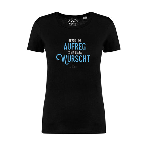Schwarzes Damen T-Shirt "Bevor i mi aufreg..." mit blauem bayerischem Spruch, kurzärmliges Trachtenshirt
