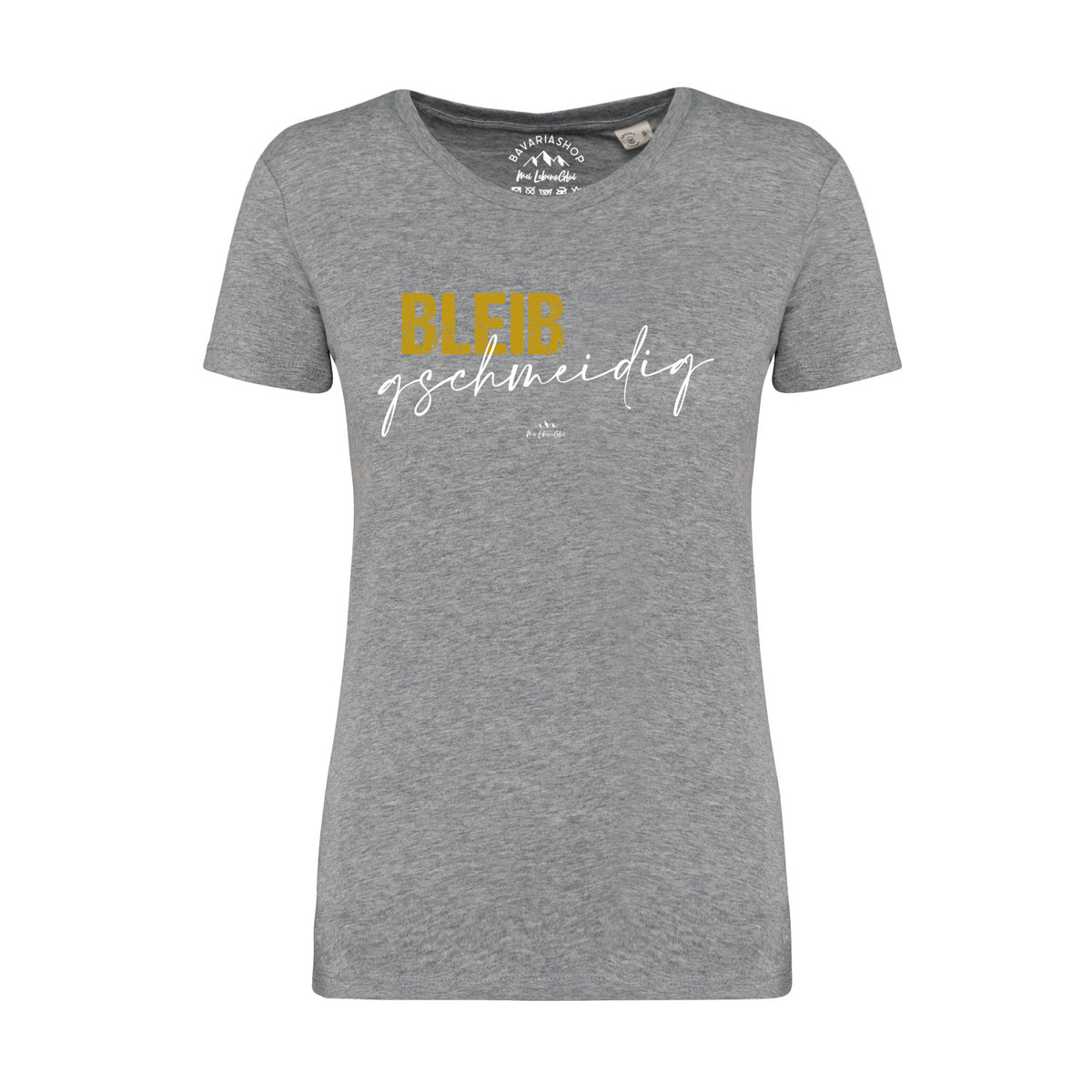 Graues Damen T-Shirt "Bleib gschmeidig" mit gelbem und weißem Schriftzug, kurzärmelig, V-Ausschnitt, aus Baumwolle.