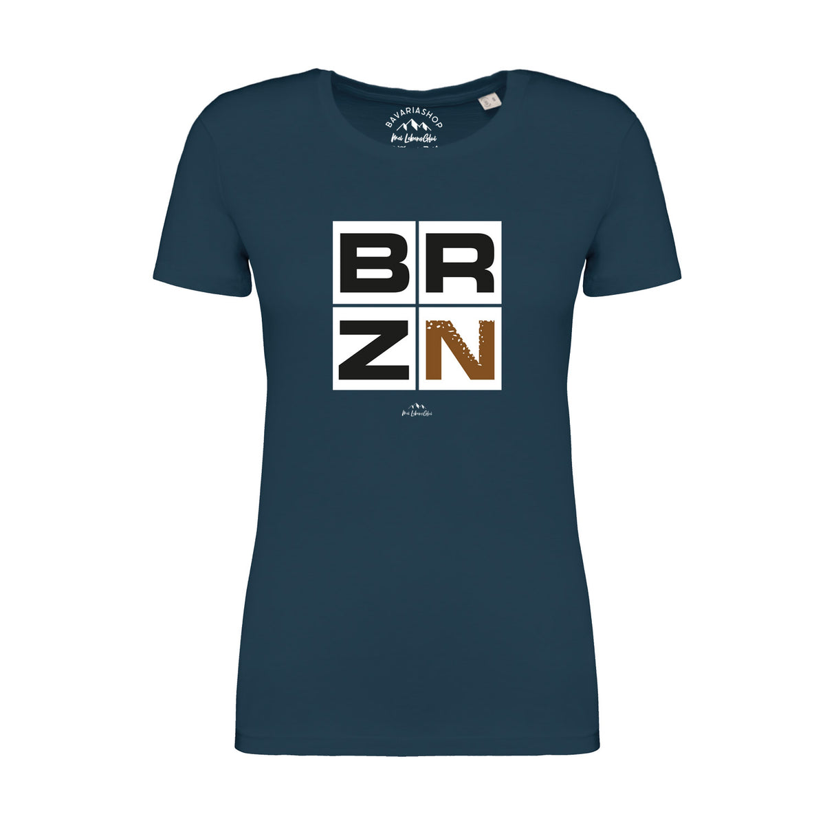 Figurbetontes Damen T-Shirt "BRZN" in Marineblau mit weißem quadratischem Logo-Print und brauner Füllung.