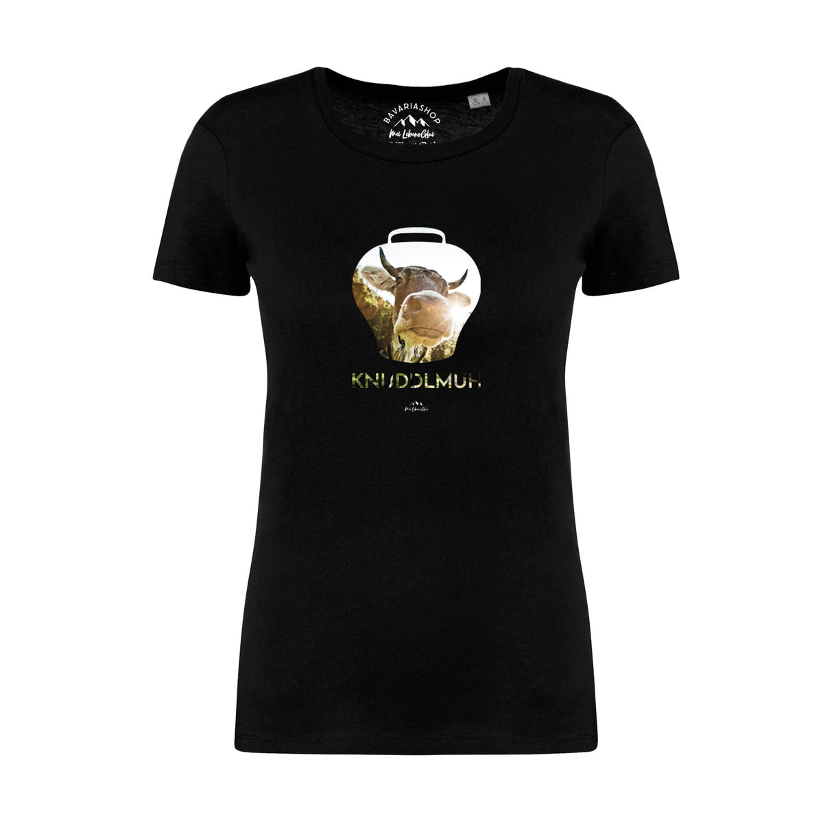 Damen T-Shirt Knuddlmuh in Schwarz mit Kuh-Motiv in Glocke und Schriftzug, kurzärmliges Shirt