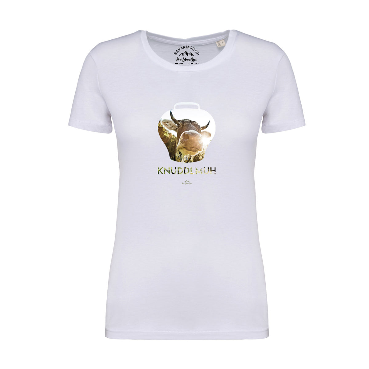 Weißes Damen T-Shirt "Knuddlmuh" mit Kuh im Almglocken-Design und Schriftzug auf der Brust.