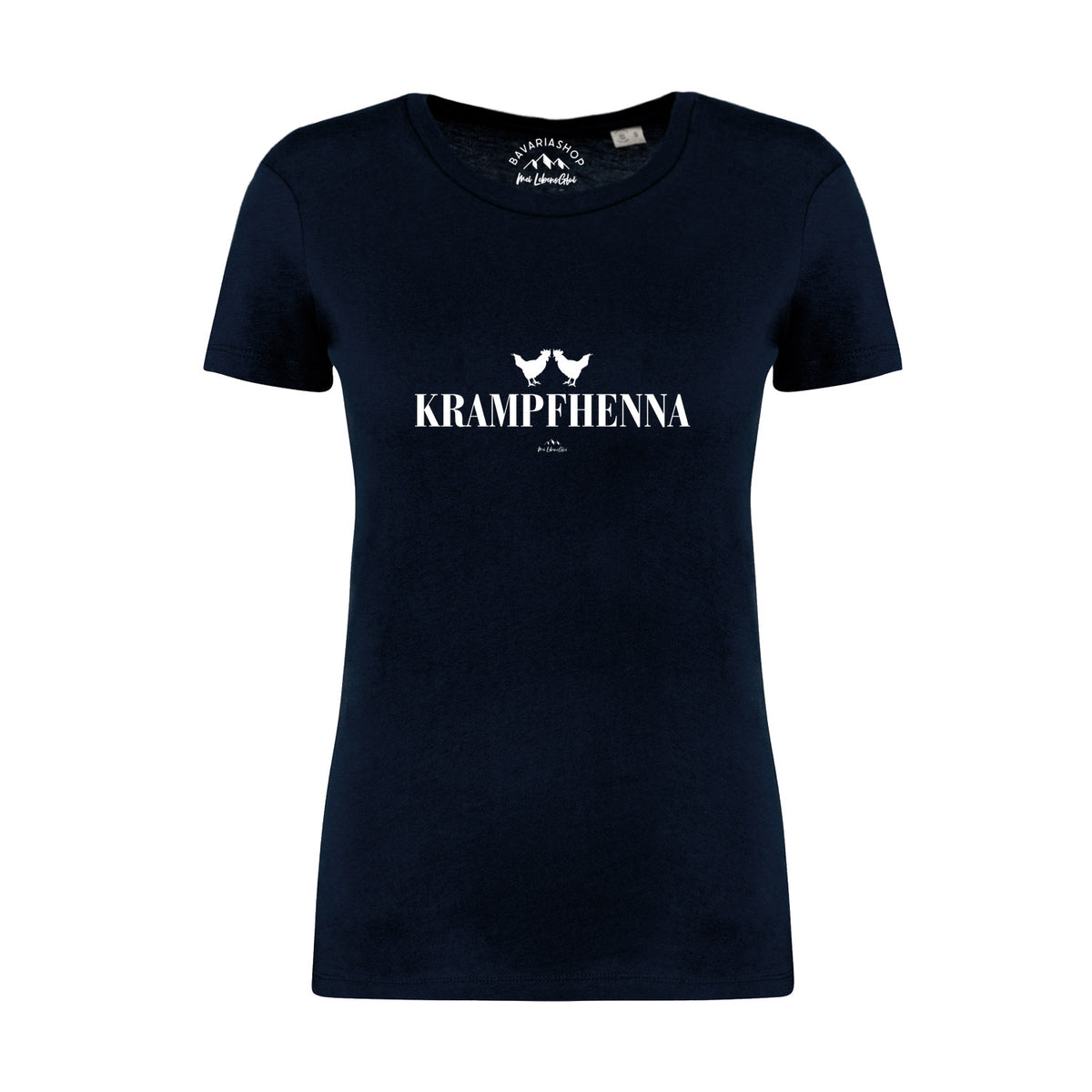 Damen T-Shirt Krampfhenna in Dunkelblau mit weißem Hühner-Print und Schriftzug auf der Brust.