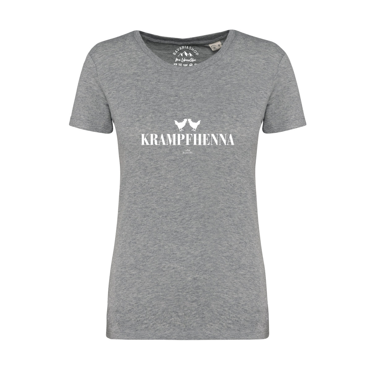 Graues Damen T-Shirt Krampfhenna aus Baumwolle mit weißem Hühner-Print und Schriftzug für Frauen