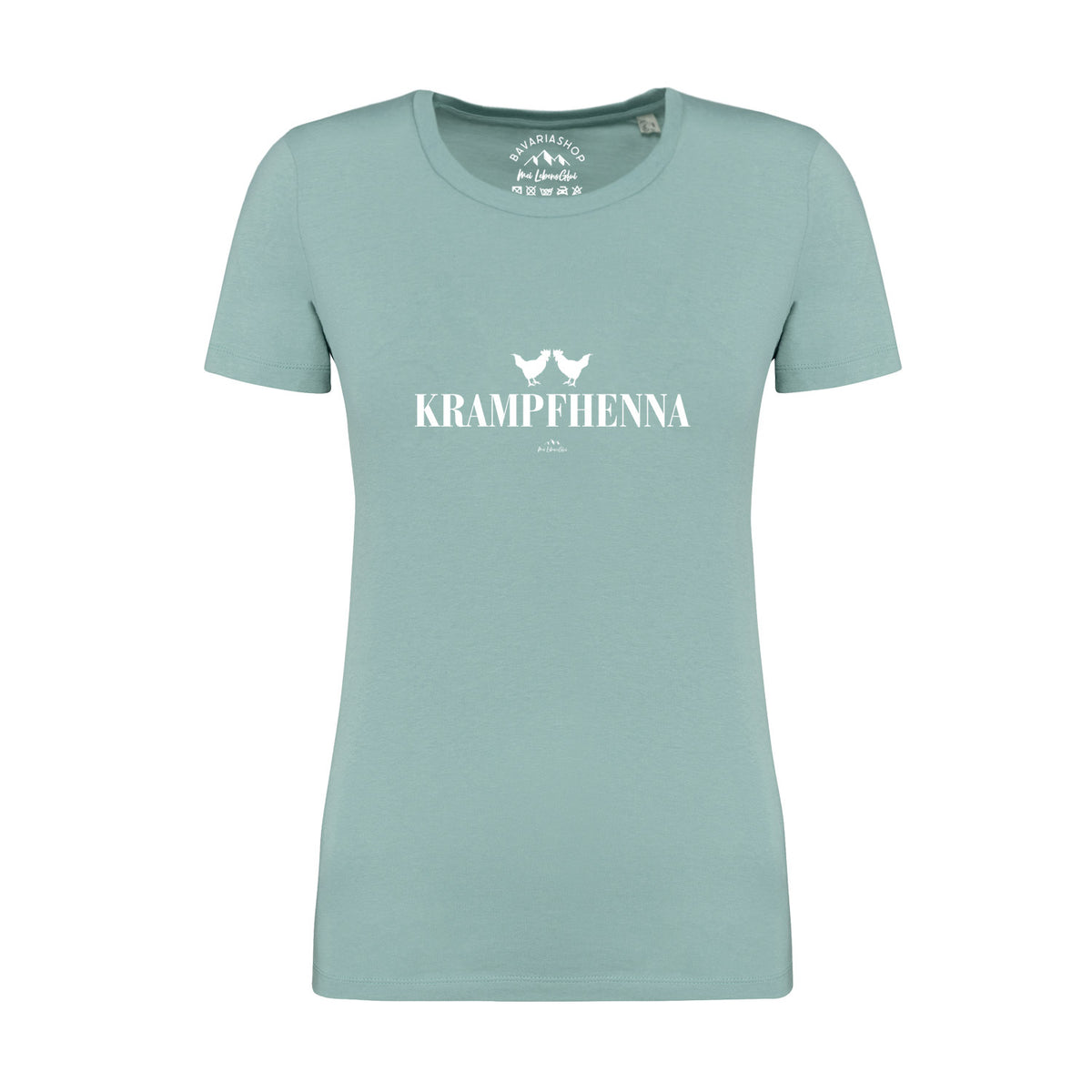 Damen T-Shirt Krampfhenna in Hellblau mit weißem Hühner-Print auf der Vorderseite