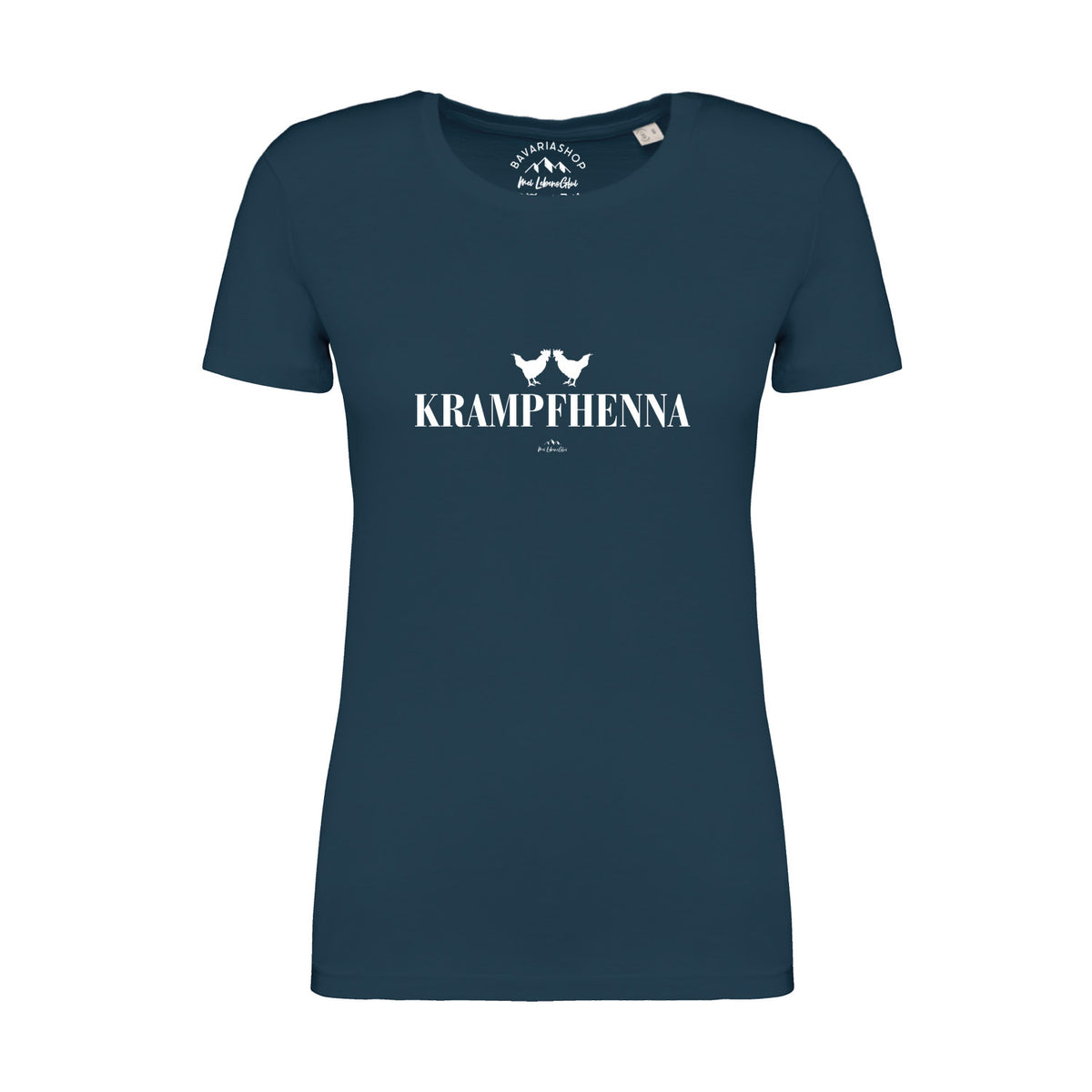 Dunkelblaues Damen T-Shirt "Krampfhenna" mit weißem Schriftzug und zwei sich küssenden Hühnern.