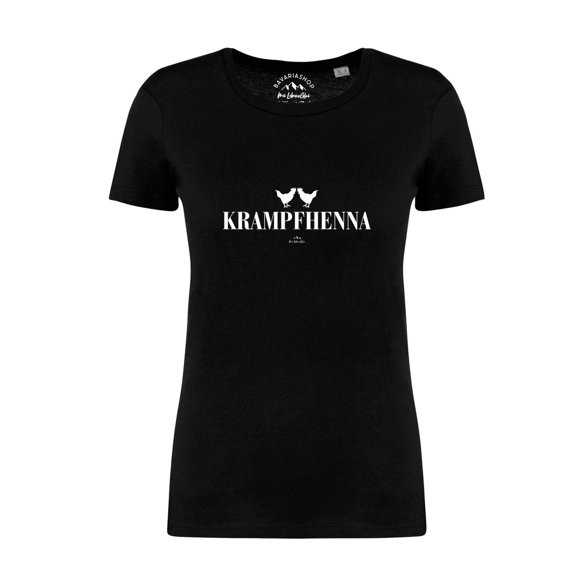 Schwarzes Damen T-Shirt Krampfhenna mit weißem Hühnermotiv und Schriftzug, kurzärmlig.