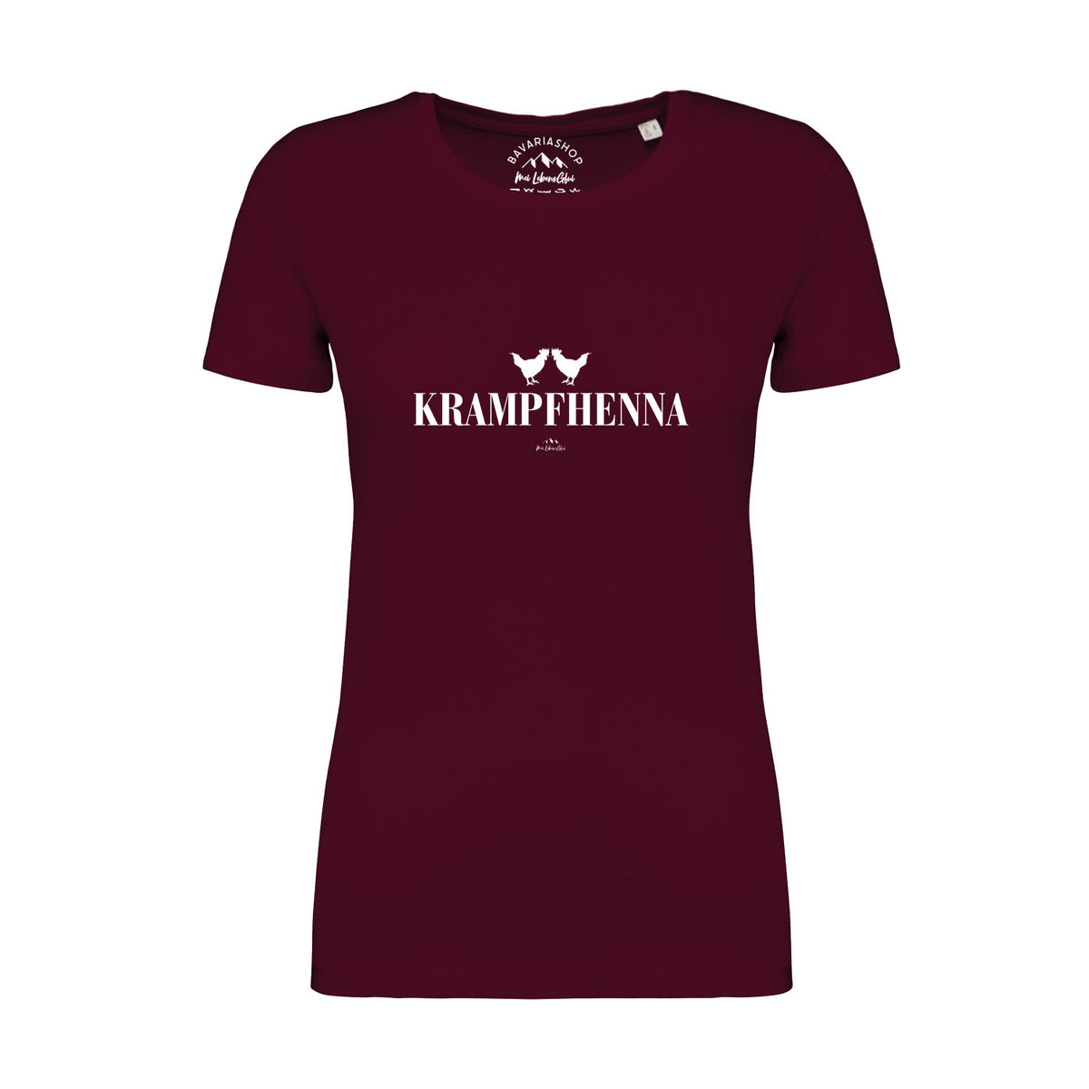 Damen T-Shirt Krampfhenna in Dunkelrot mit weißem Schriftzug und zwei Hühner-Silhouetten.