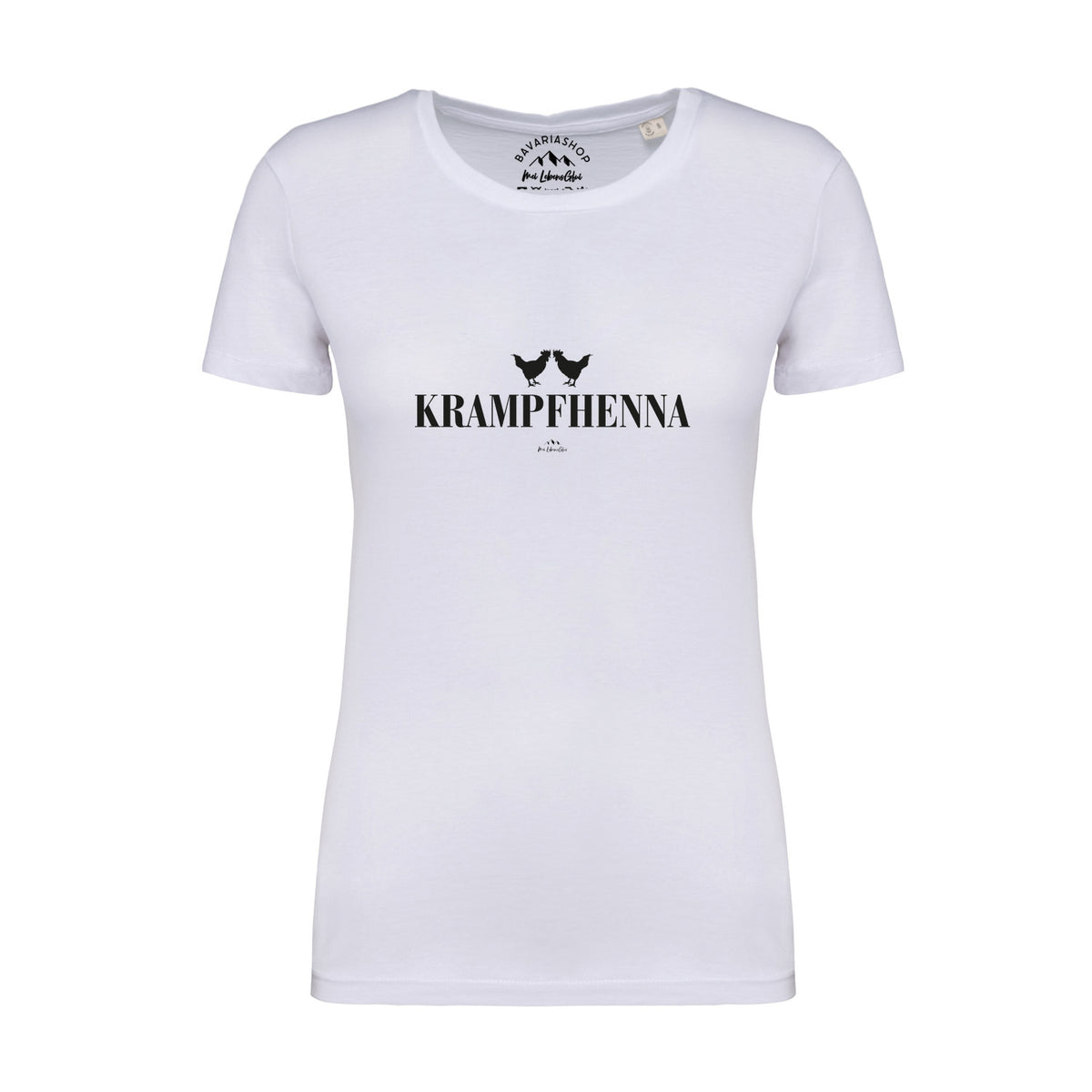 Weißes Damen T-Shirt Krampfhenna mit schwarzem Hühner-Print und Schriftzug für Frauen