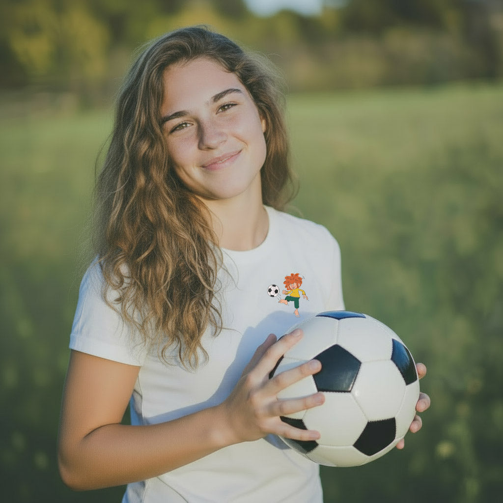 Lächelnde Frau im ®Pumuckl Damen T-Shirt Fußball Kobold, hält einen Fußball in den Händen.