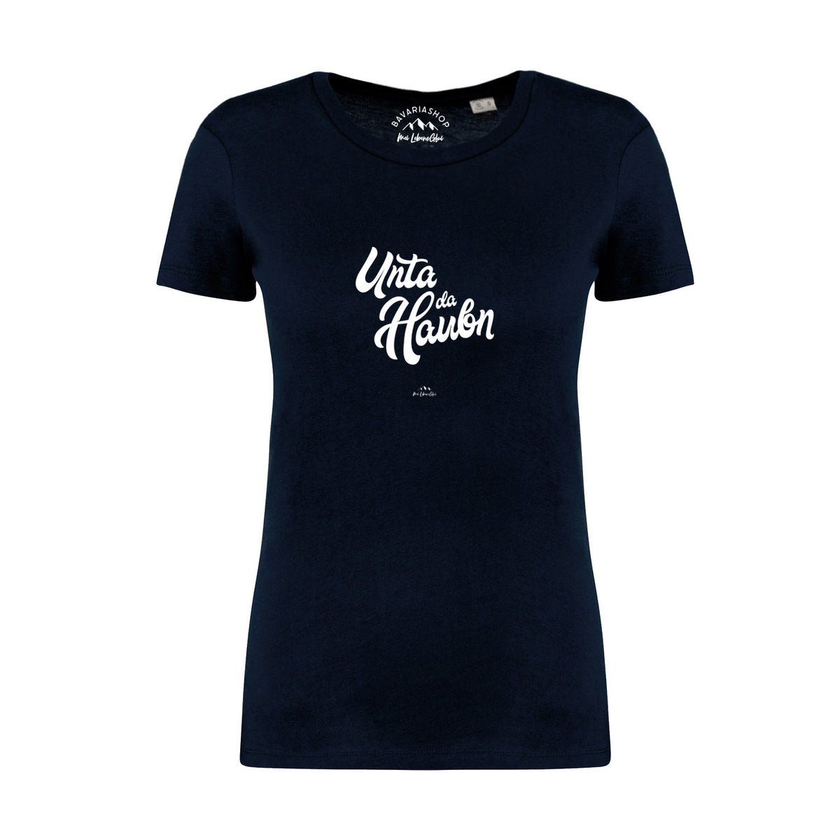 Damen T-Shirt Unta da Haubn in Dunkelblau mit weißem Schriftzug, kurzärmelig und unifarben.