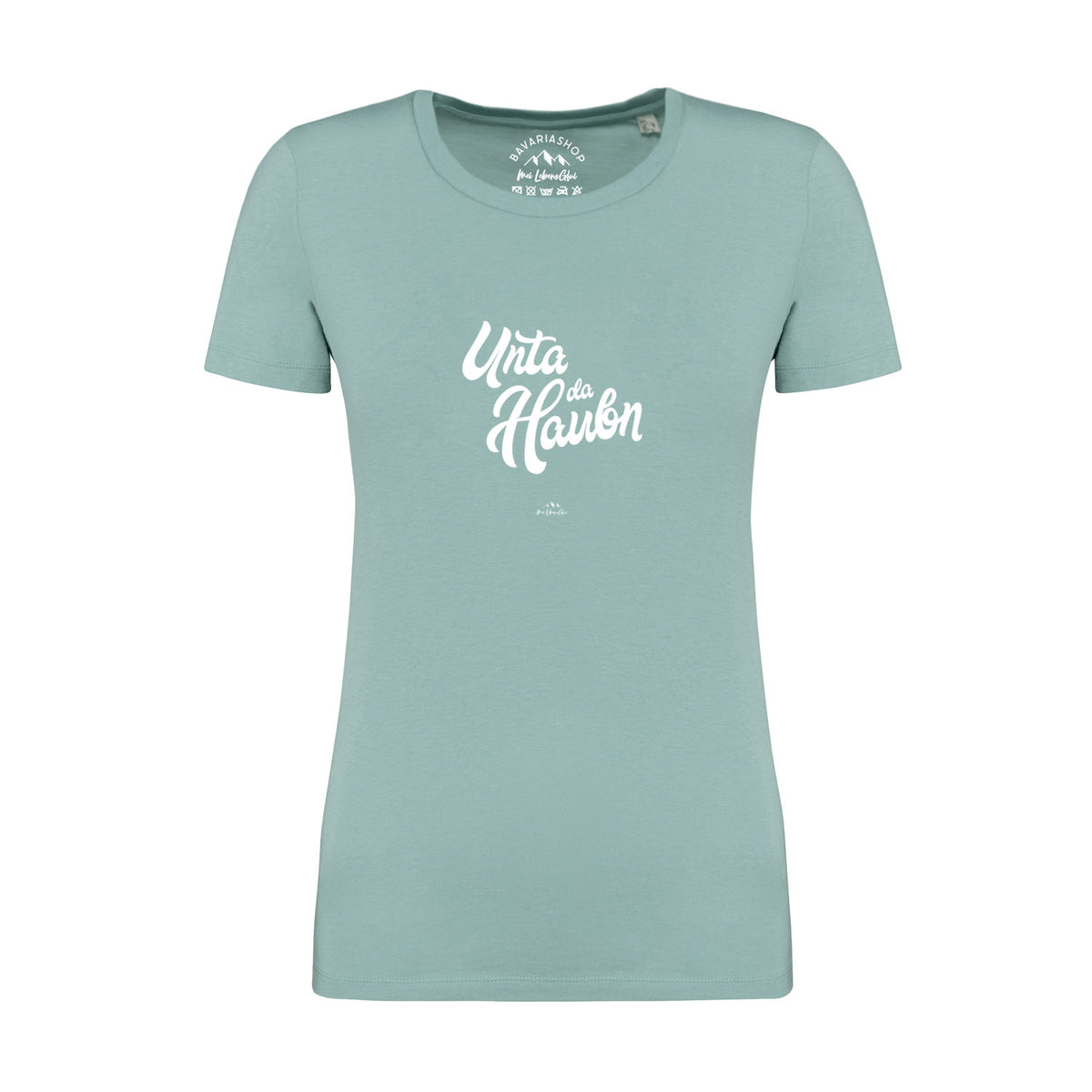 Einfarbiges Damen T-Shirt "Unta da Haubn" in Hellblau mit weißem Schriftzug auf der Brust.
