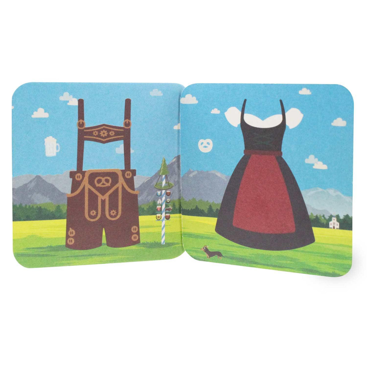 Quadratische Bierdeckel mit Dirndl-Motiv auf der Vorderseite und Lederhosen-Motiv auf der Rückseite, 20 Stück, 93×93 mm.