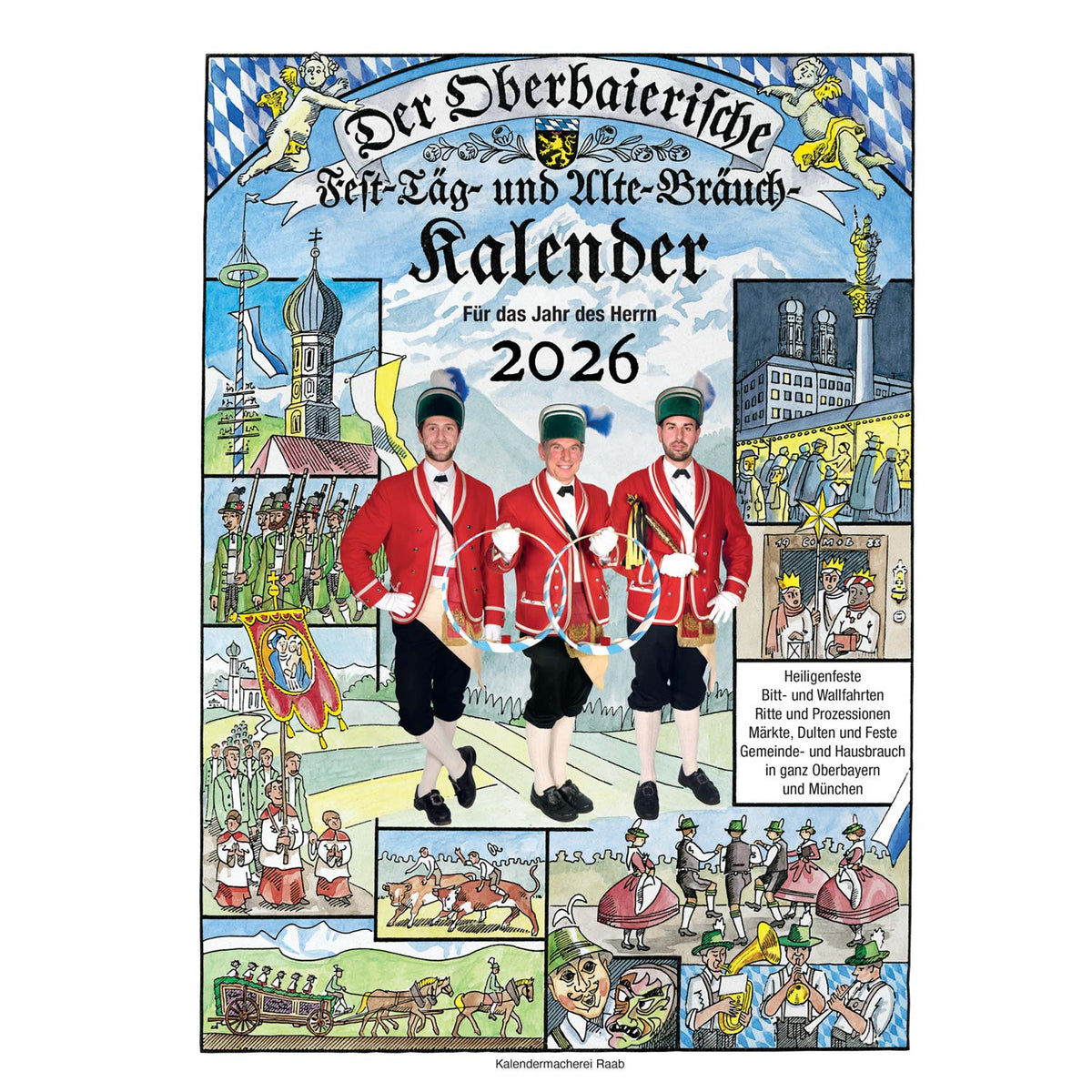 Obb. Fest-Täg- und Alte-Bräuch-Kalender 2026 mit Illustrationen bayerischer Traditionen und Bräuche.
