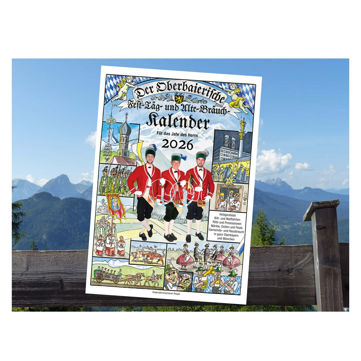 Obb. Fest-Täg- und Alte-Bräuch-Kalender 2026 mit bayerischen Traditionen, Bräuchen und Festen, vor Alpenkulisse.