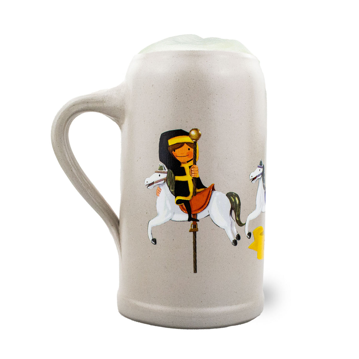 Sammlerkrug "Festkrug 2023" mit kindlichem Design auf einem Kettenkarussellpferd und Goldstab.