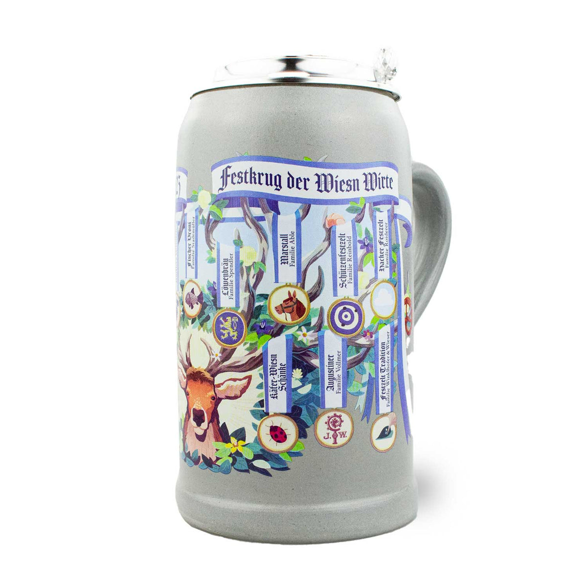 Wiesn Wirtekrug 2023 mit Zinndeckel, detailliertem Hirschmotiv und Festzelt-Logos des Oktoberfestes.