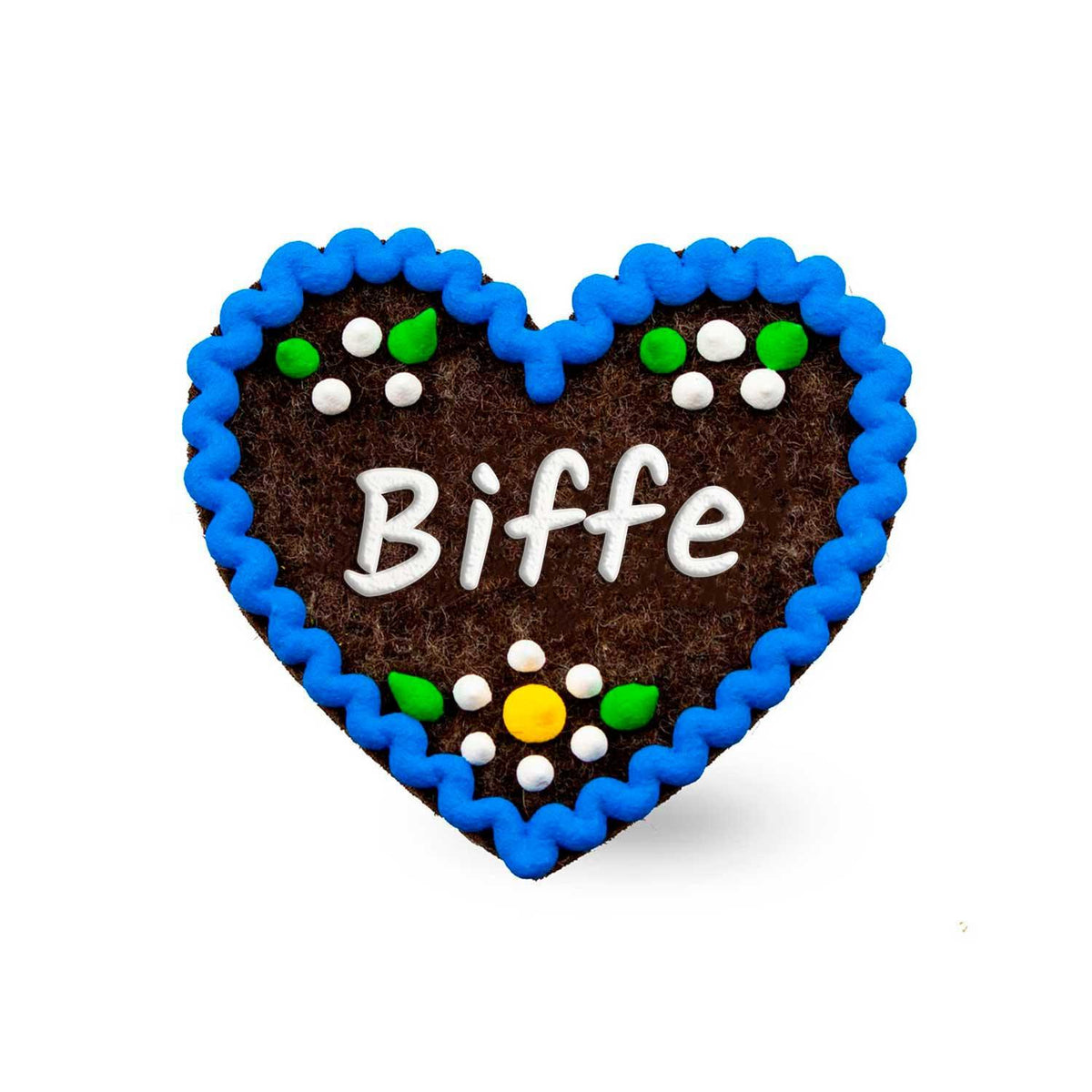 Brauner Filzherz-Anstecker Biffe mit blauem Zierrand und bunter Blumenverzierung, traditionelles Trachtenaccessoire.