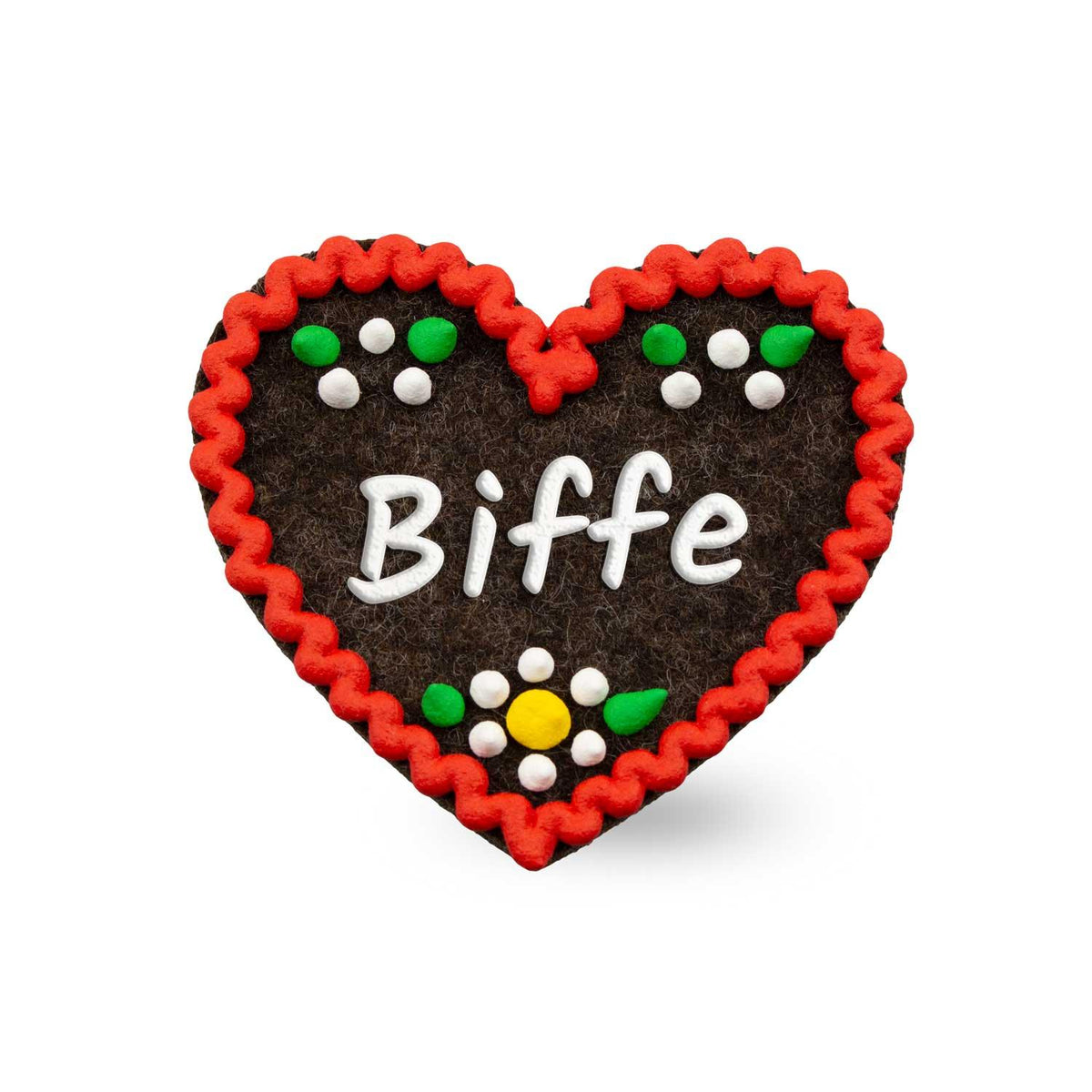 Brauner Filzherz-Anstecker "Biffe" mit rotem Zickzack-Rand und bunten Blumenapplikationen.