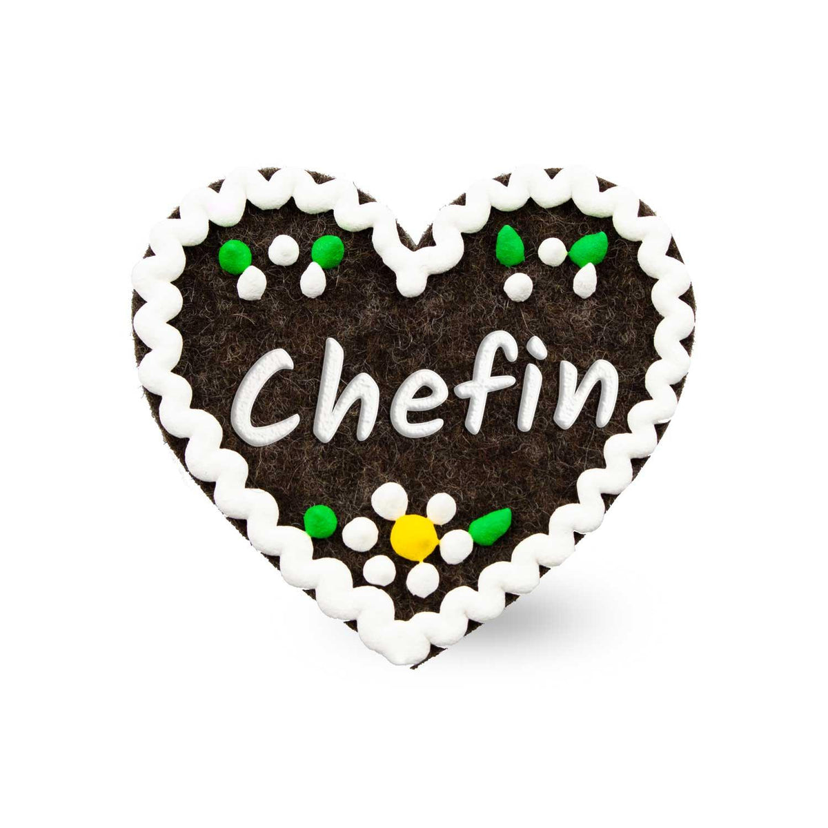 Brauner Filzherz-Anstecker Chefin mit weißem Zuckerguss-Rand und bunten kleinen Blumen-Details.