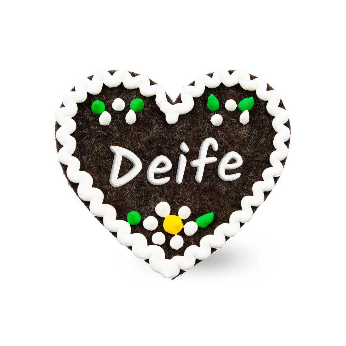 Brauner Filzherz-Anstecker Deife mit weißem Rand, Blumen und Verzierungen als Oktoberfest Accessoire.