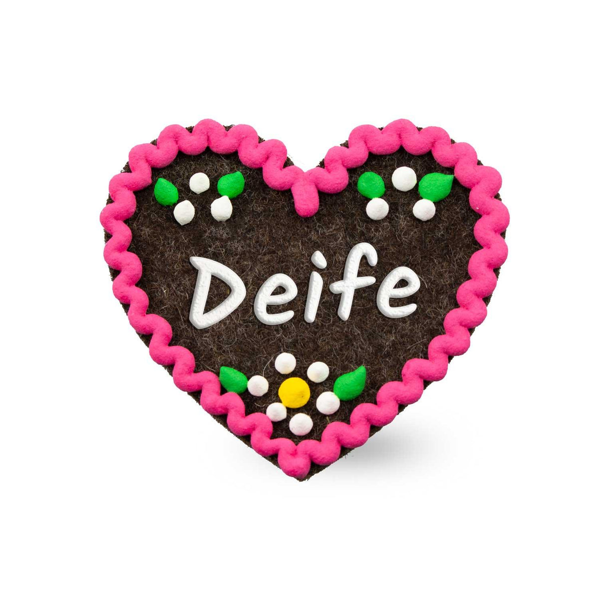 Brauner Filzherz-Anstecker "Deife" mit pinkem gewelltem Rand und bunter Blumenverzierung.