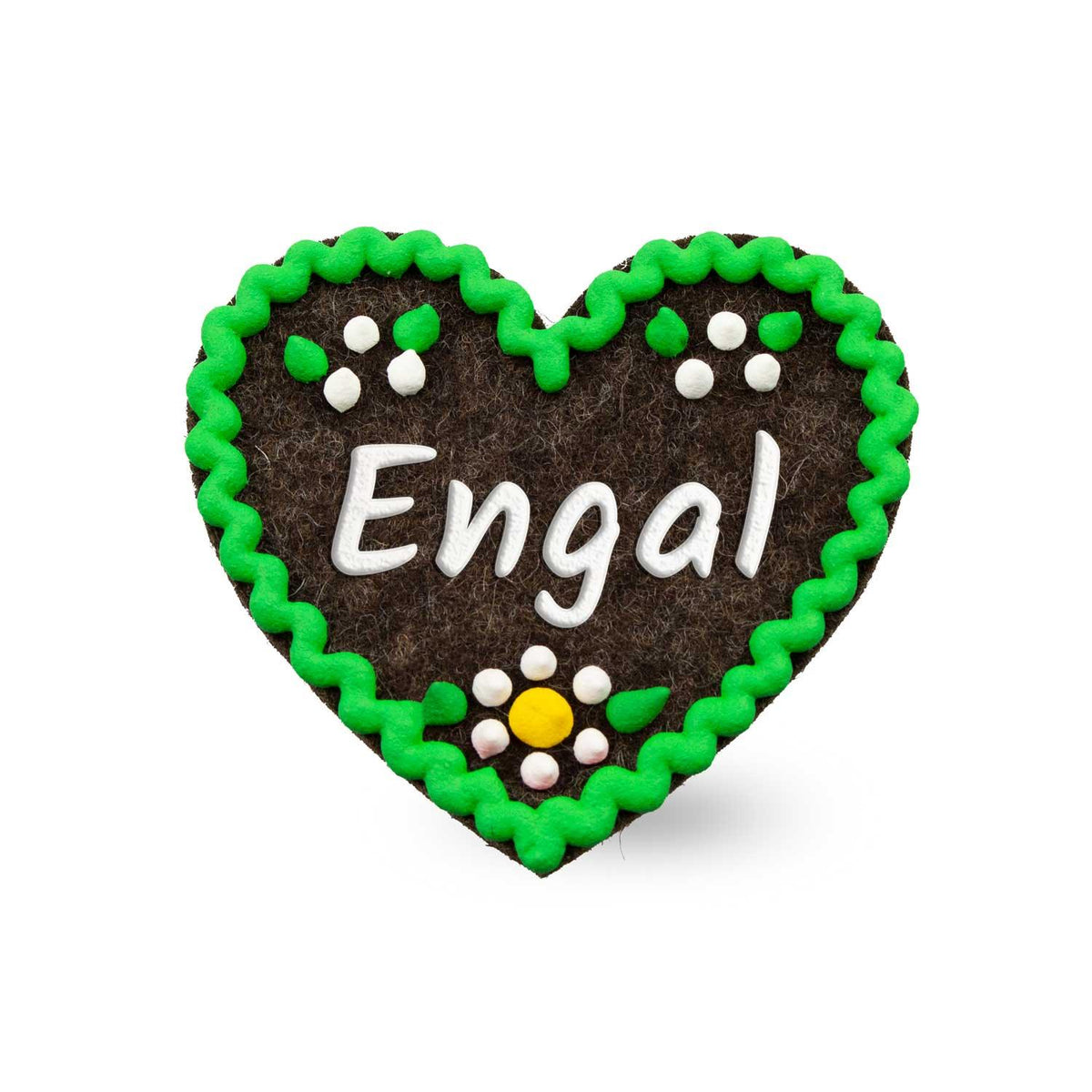Brauner Filzherz-Anstecker "Engal" mit grüner Zierborte und kleinen Blumenapplikationen.