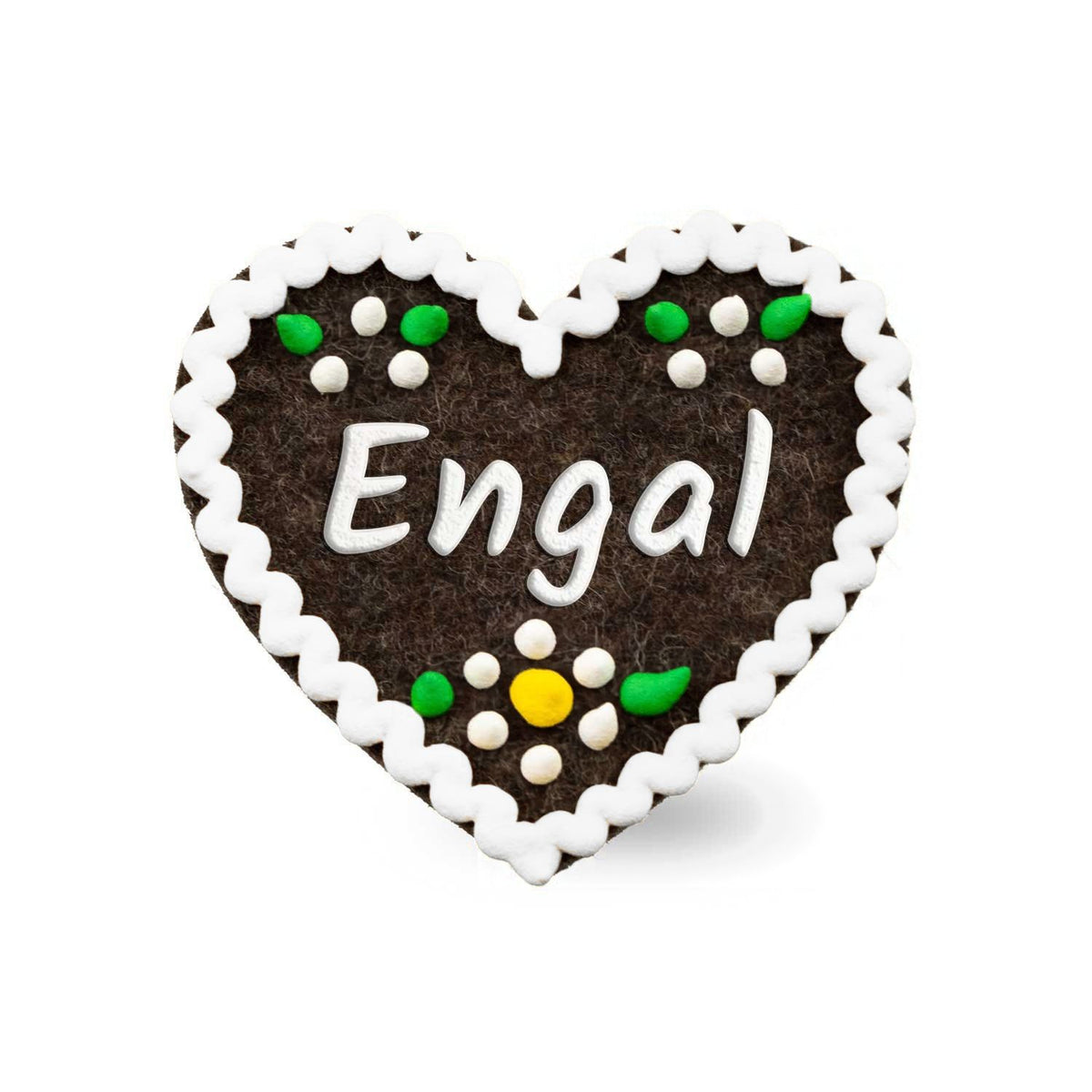 Brauner Filzherz-Anstecker "Engal" mit weißem Zuckerguss und bunten Blumenapplikationen.