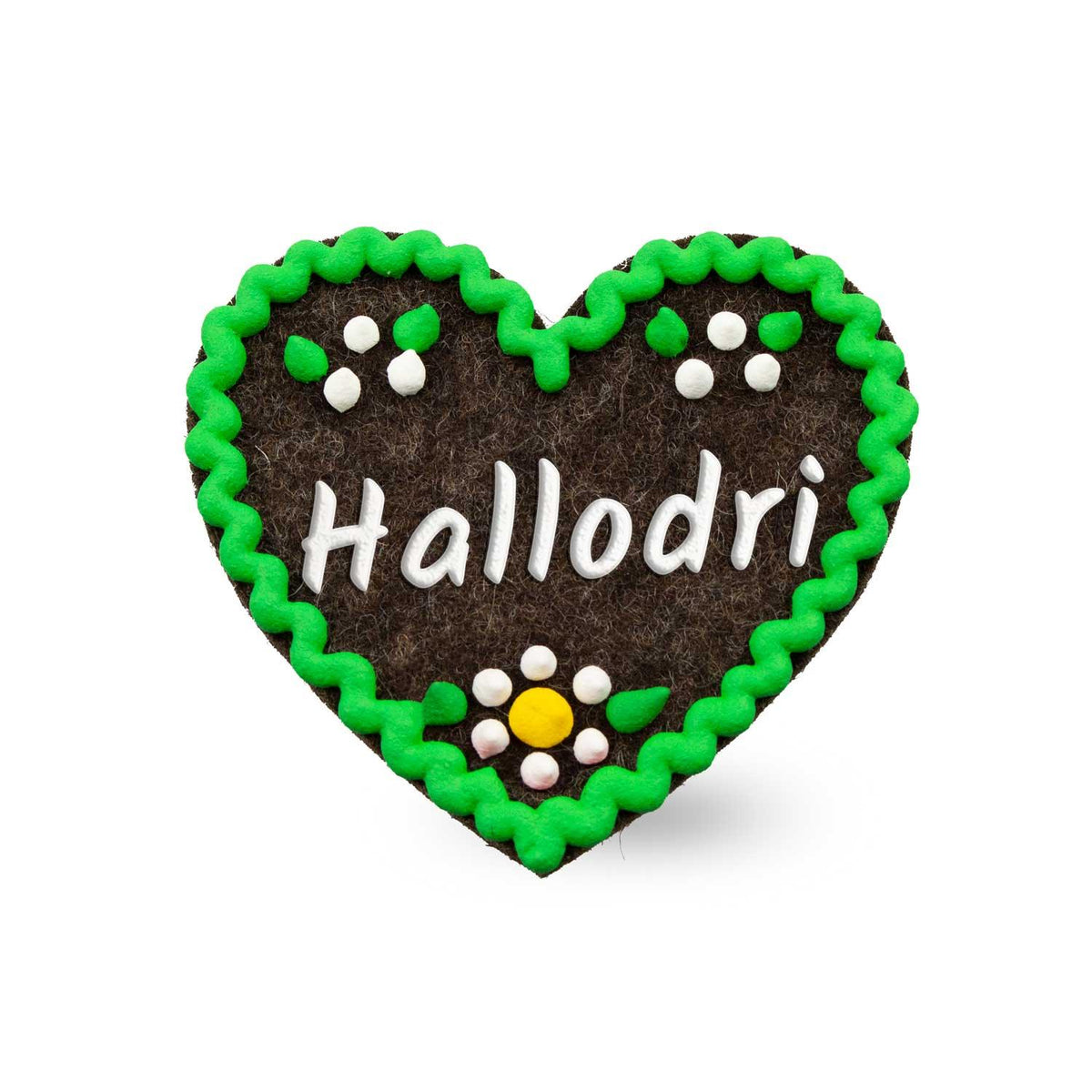 Brauner Filzherz-Anstecker "Hallodri" mit grüner Wellenbordüre und bunten Blumenapplikationen.