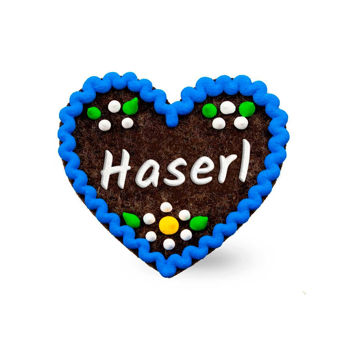 Brauner Filzherz-Anstecker Haserl mit blauer Zierborte und bunter Blümchendekoration.