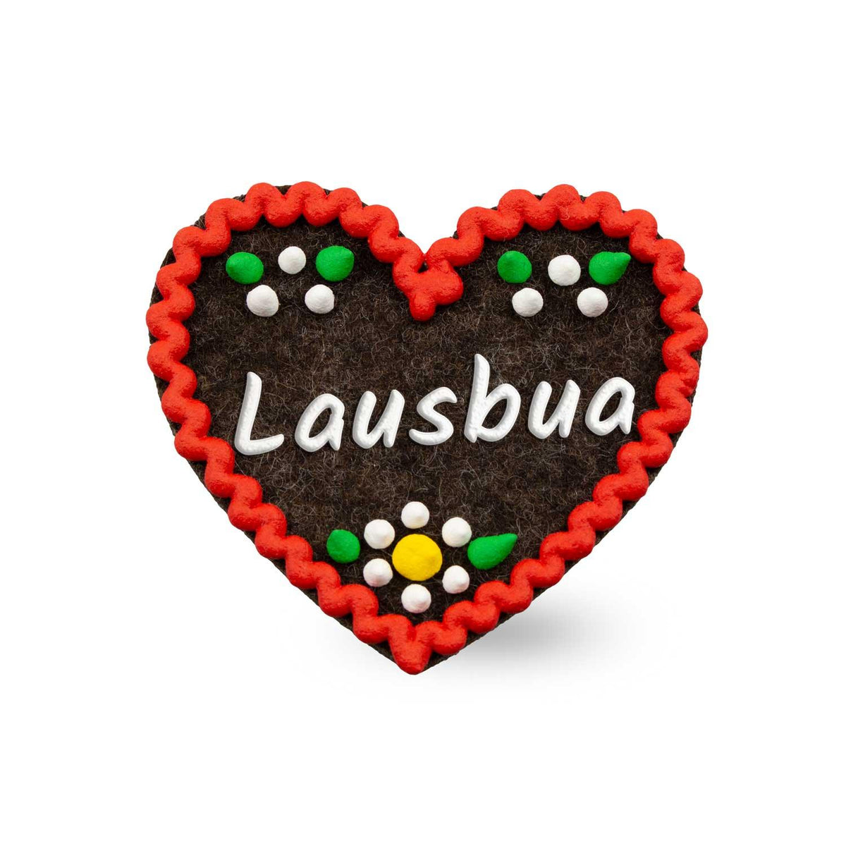 Brauner Filzherz-Anstecker "Lausbua" mit rotem Zierrand und bunten Blumen- sowie Punktmotiven.