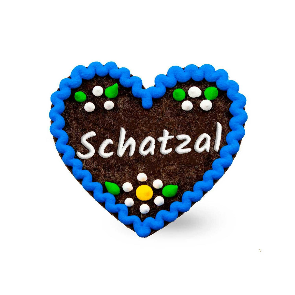 Brauner Filzherz-Anstecker "Schatzal" mit blauer Zierborte und bunten Blütenverzierungen, traditionell.