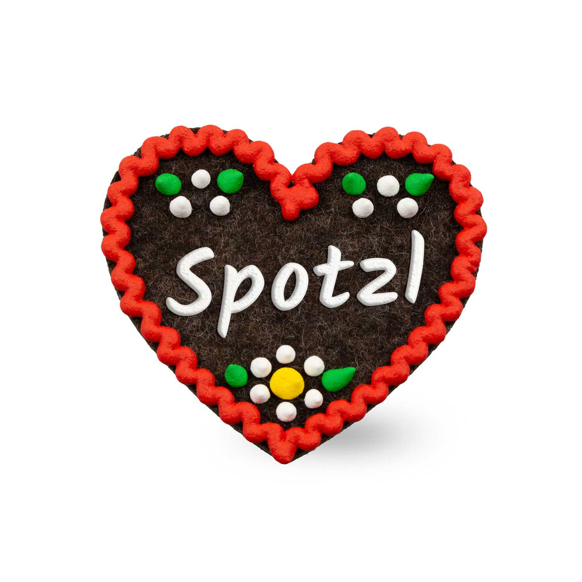Brauner Filzherz-Anstecker Spotzl mit weißer Schrift, rotem Zickzackrand und bunten Punkten