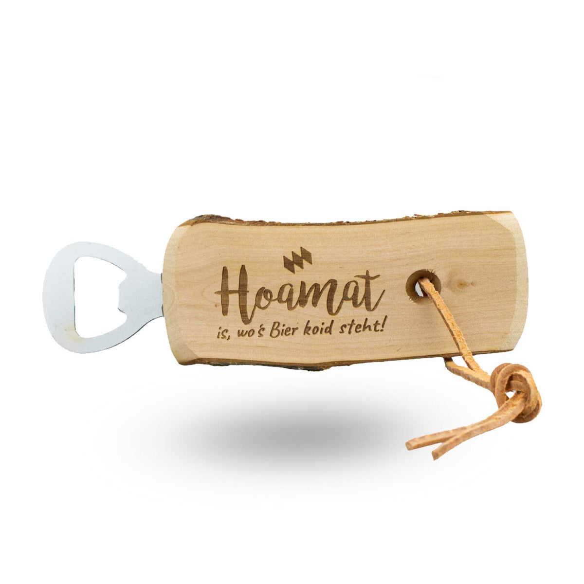 Holz Flaschenöffner "Hoamat is, wo's Bier koid steht!" mit Gravur, Metall-Öffner und Lederschlaufe.
