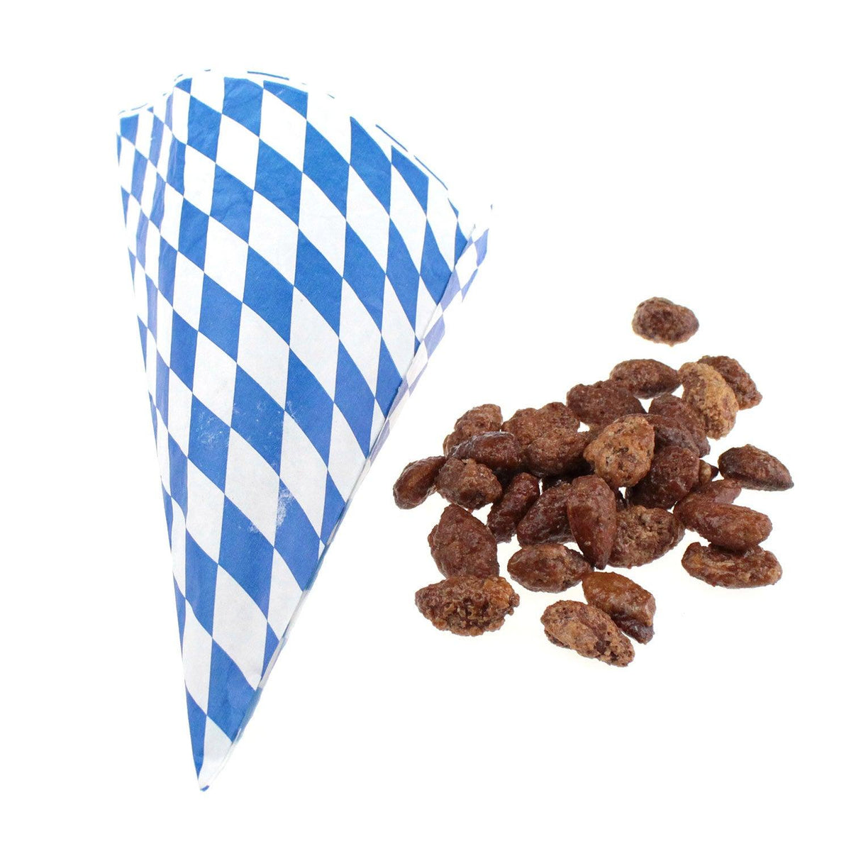 Gebrannte Mandeln (reduziert) in Zimt-Zucker-Karamell, neben einem blauen bayerischen Rauten-Tütchen.