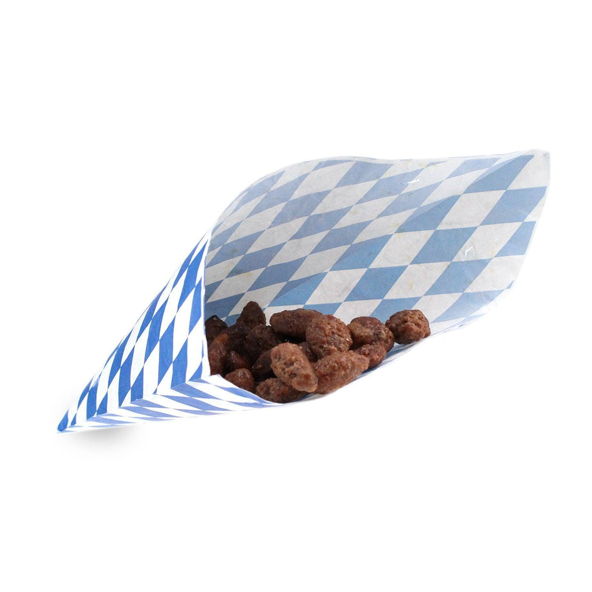 Klassisches Lebkuchenherz aus der Oktoberfest-Box Mahlzeit im blau-weiß rautenförmigen Papiertütchen.