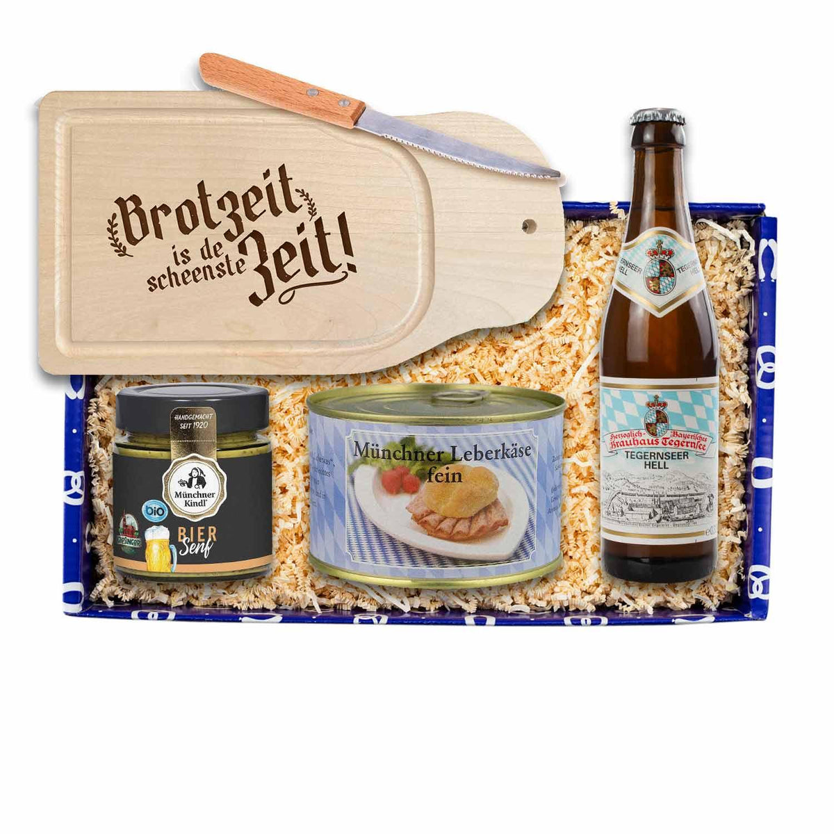 Geschenkbox Leberkäs-Brotzeit mit Schneidebrett Brotzeit ist de scheenste Zeit, Leberkäse, Bier und Senf.