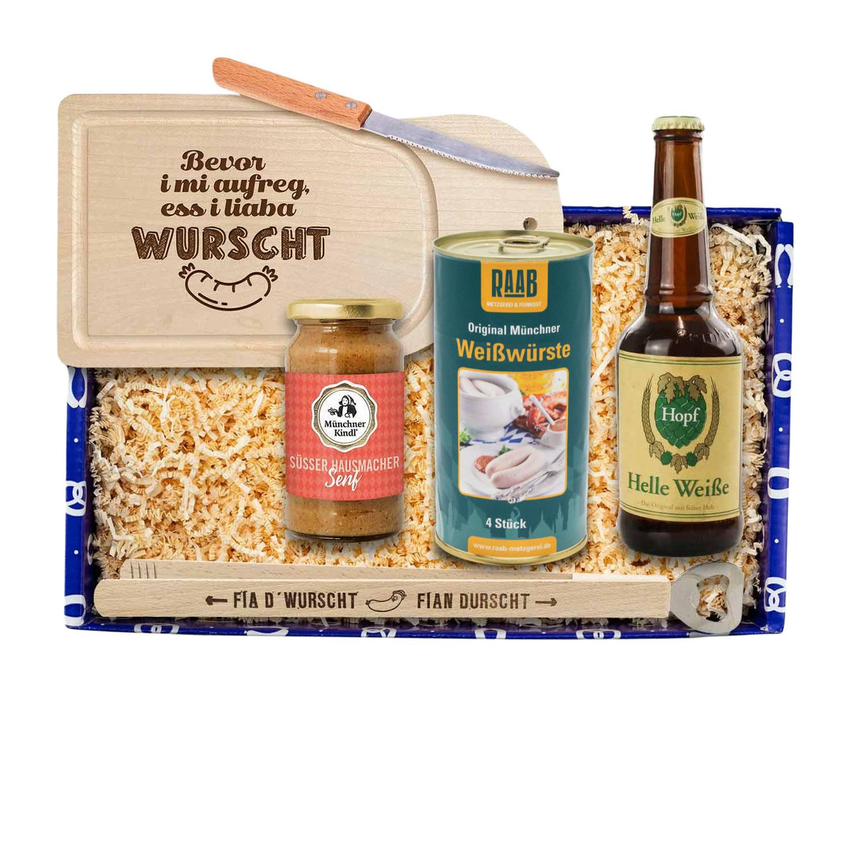 Geschenkbox mit Weißwürsten, süßem Senf, Weißbier, Schneidebrett, Messer und Brotzeitbrett-Flaschenöffner.