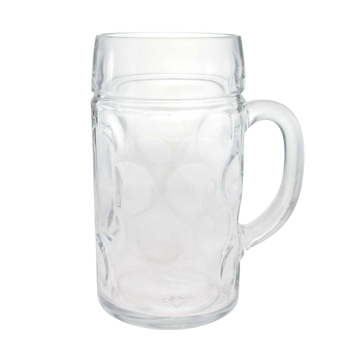 Klassischer blanker Weißbierkrug aus Glas mit Henkel auf hellem Hintergrund, ideal für bayerische Getränke.