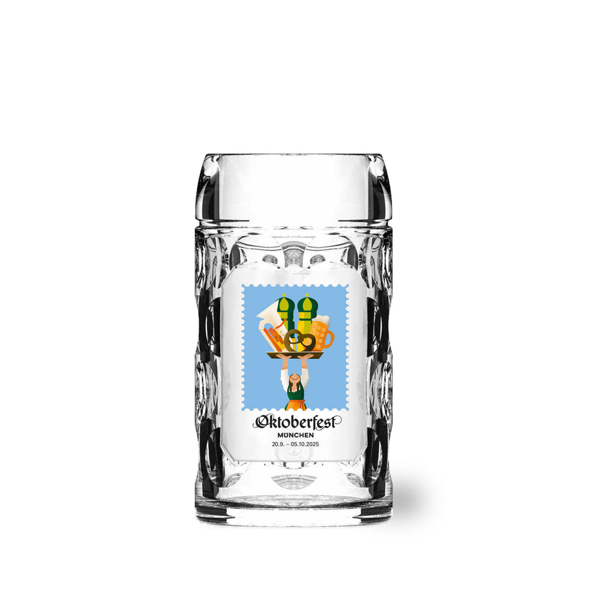 Offizieller Glaskrug Oktoberfest 2025 mit bayerischem Serviererin-Motiv und Jahreszahl-Prägung.