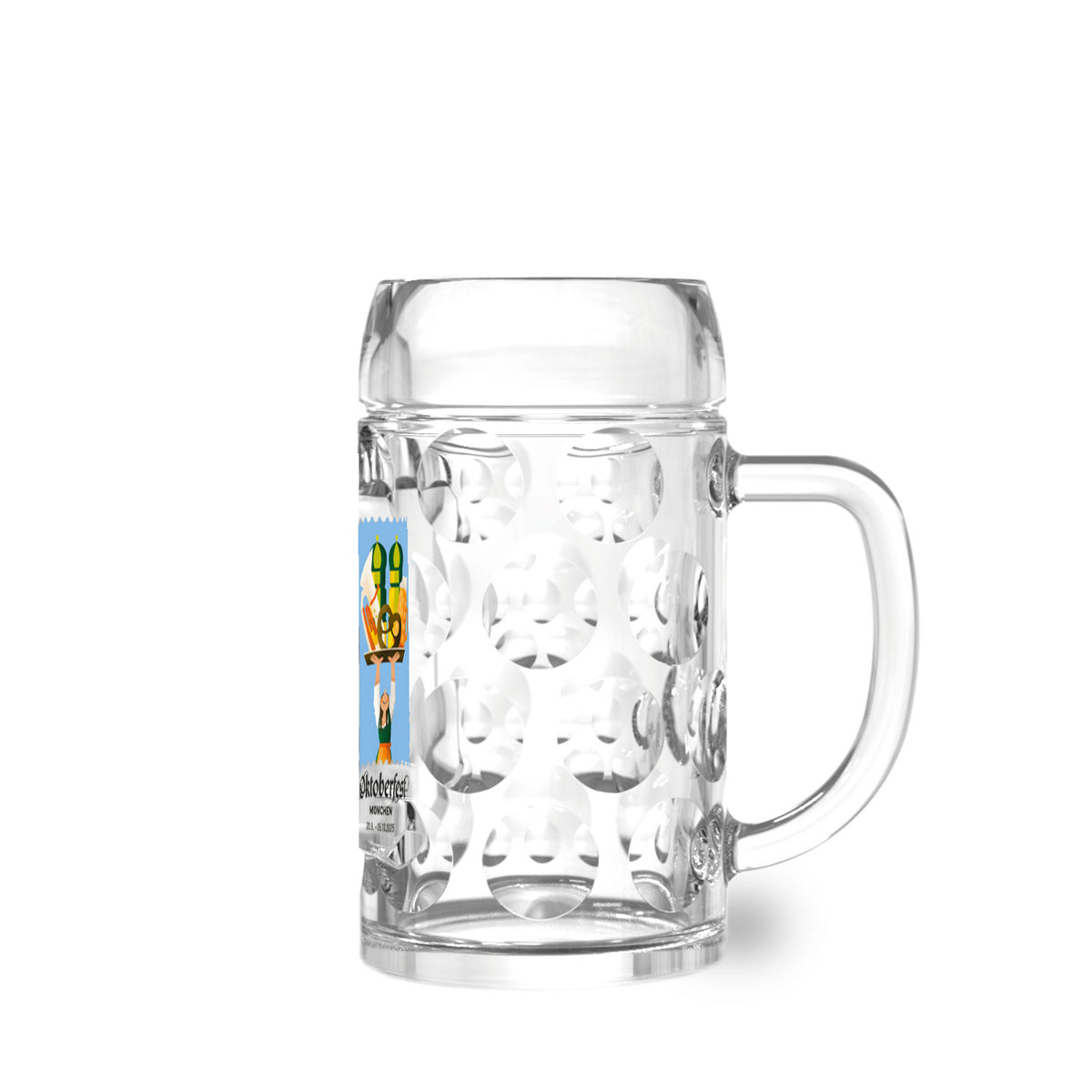 Offizieller Glaskrug Oktoberfest 2025 mit traditionellem Oktoberfestmotiv auf klarem Glas, Henkel und Dellenmuster.